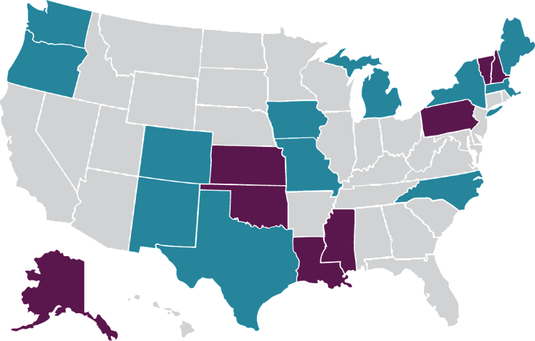 Map of the US with phase one and phase two states highlighted in purple and turquois