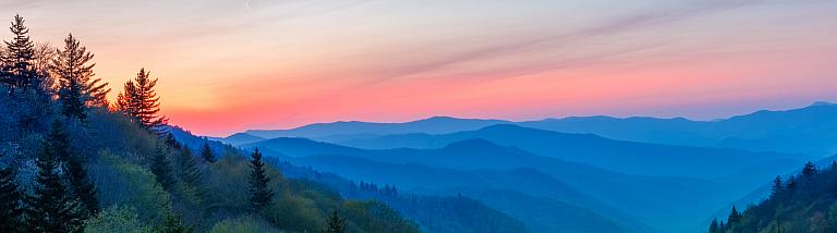 Misty Rolling Mountain Range Just Before Sunrise at Great Smoky Mountains National Park, North Carolina