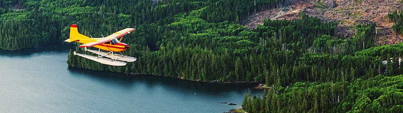 A float plane flies over coastal Alaska