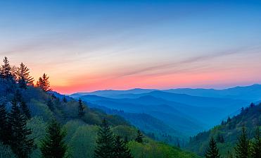 Misty Rolling Mountain Range Just Before Sunrise at Great Smoky Mountains National Park, North Carolina